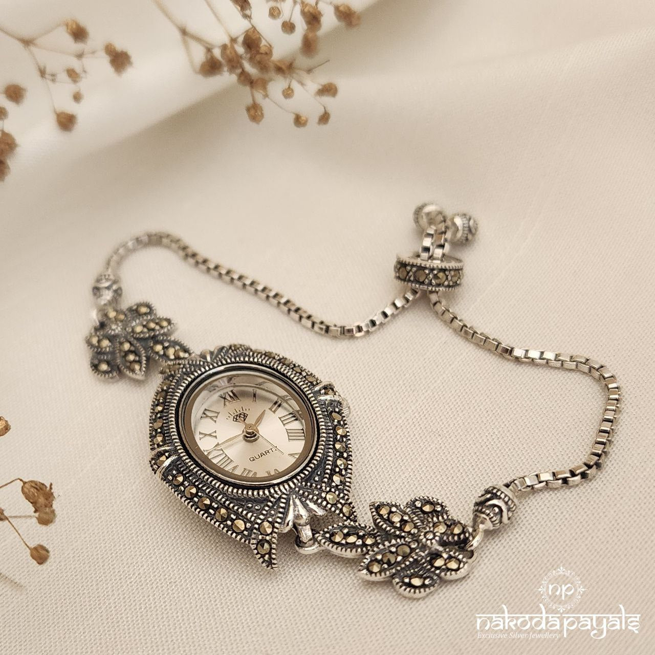 White Dial Adjustable Marcasite Watch (W0200)