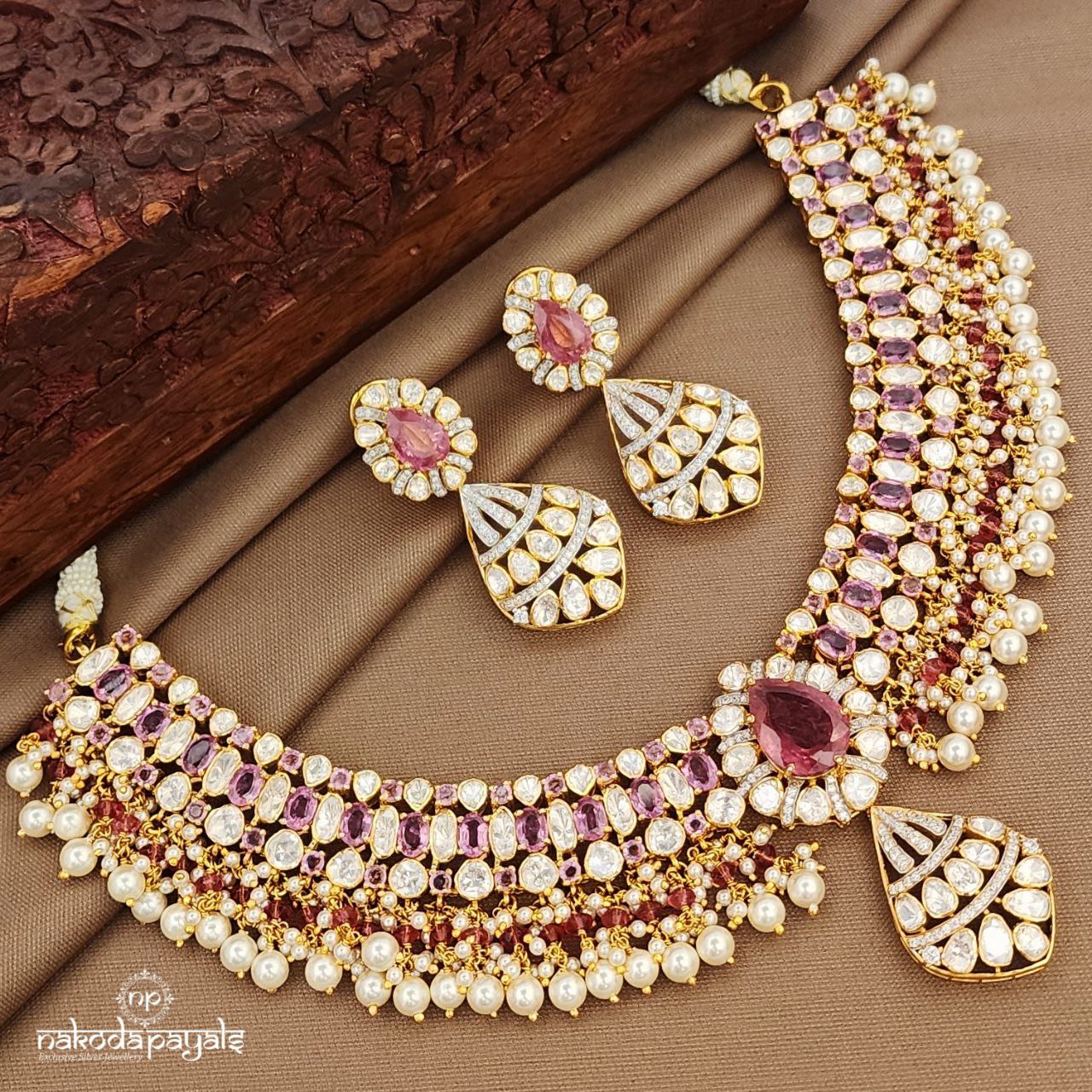 Pink Moissanite Neckpiece With Earrings (Gn9958)
