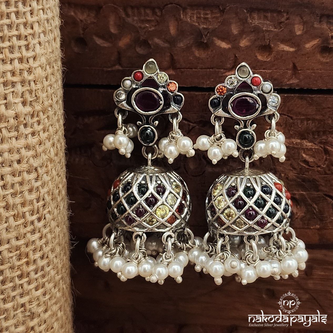 Pink Oval Navaratna Jhumka (J1525)