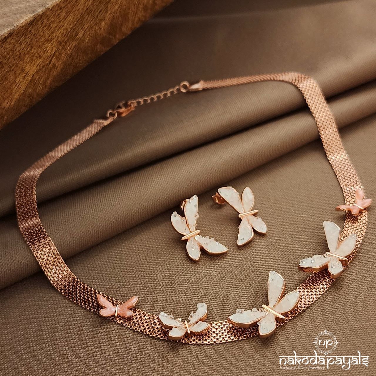 Rose Gold Butterfly Neckpiece With Earrings (St3830)