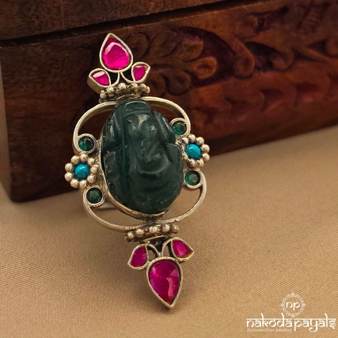 Turquoise Jade Ganesha Finger Ring (F3050)