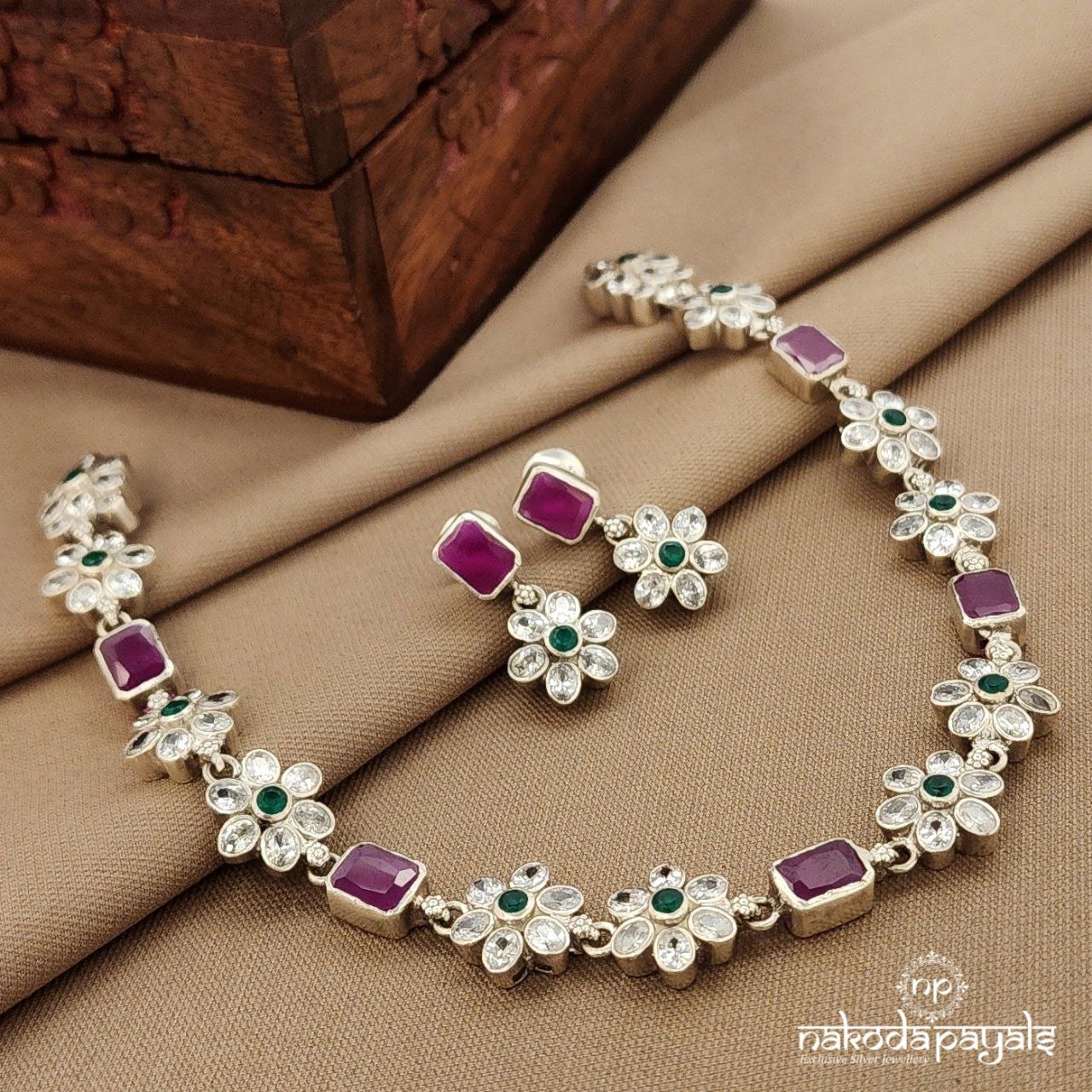 Rectangular Pink Neckpiece With Earrings (N11376)