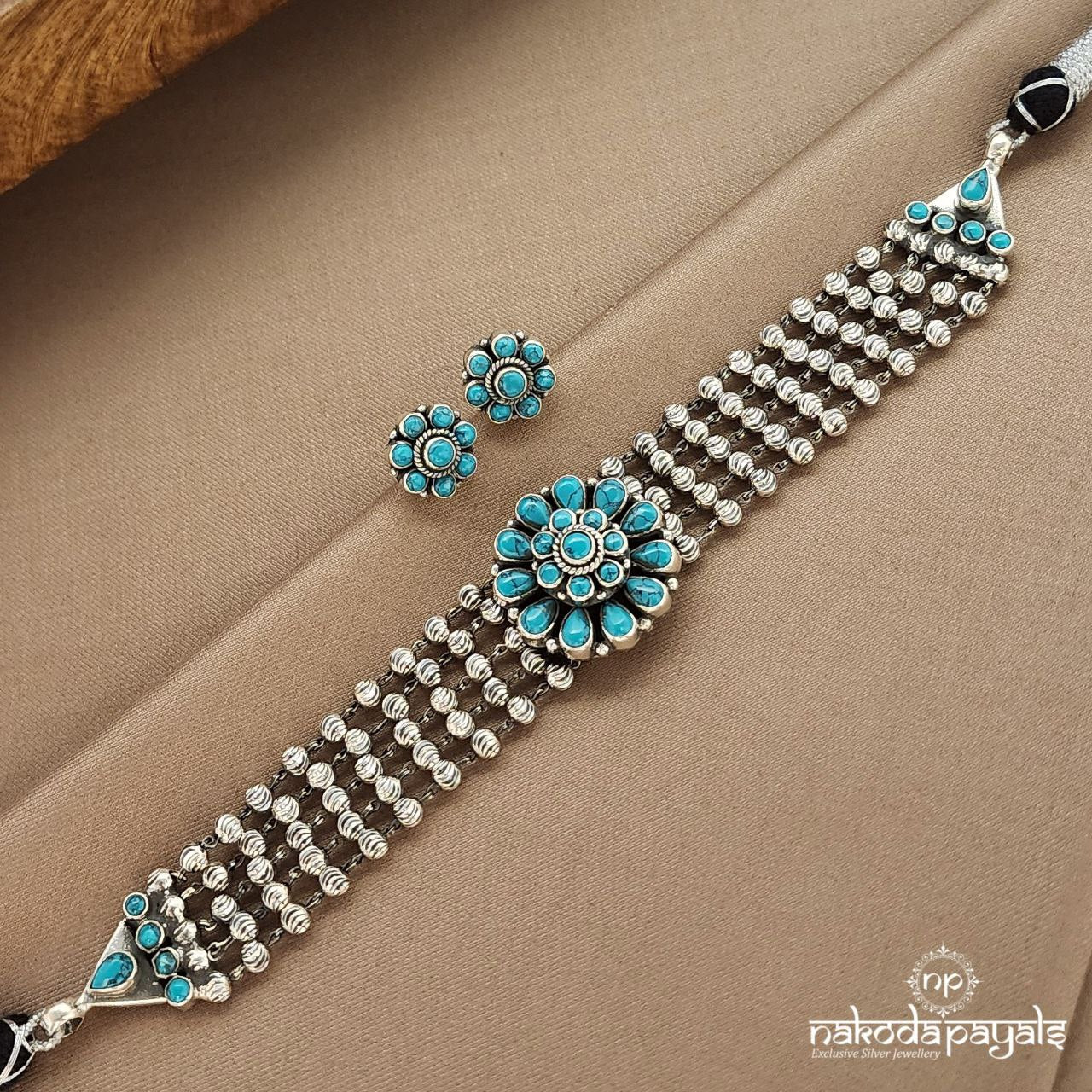 Floral Torquoise Ball Neckpiece With Earrings (N11019)