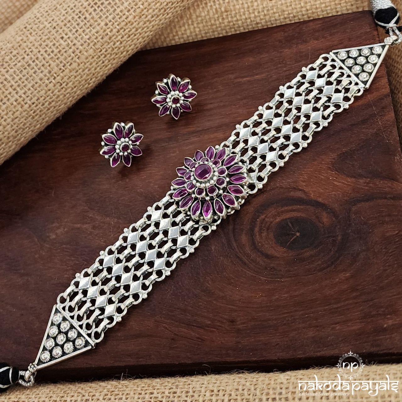 Pink Flower Neckpiece With Earrings (N10967)