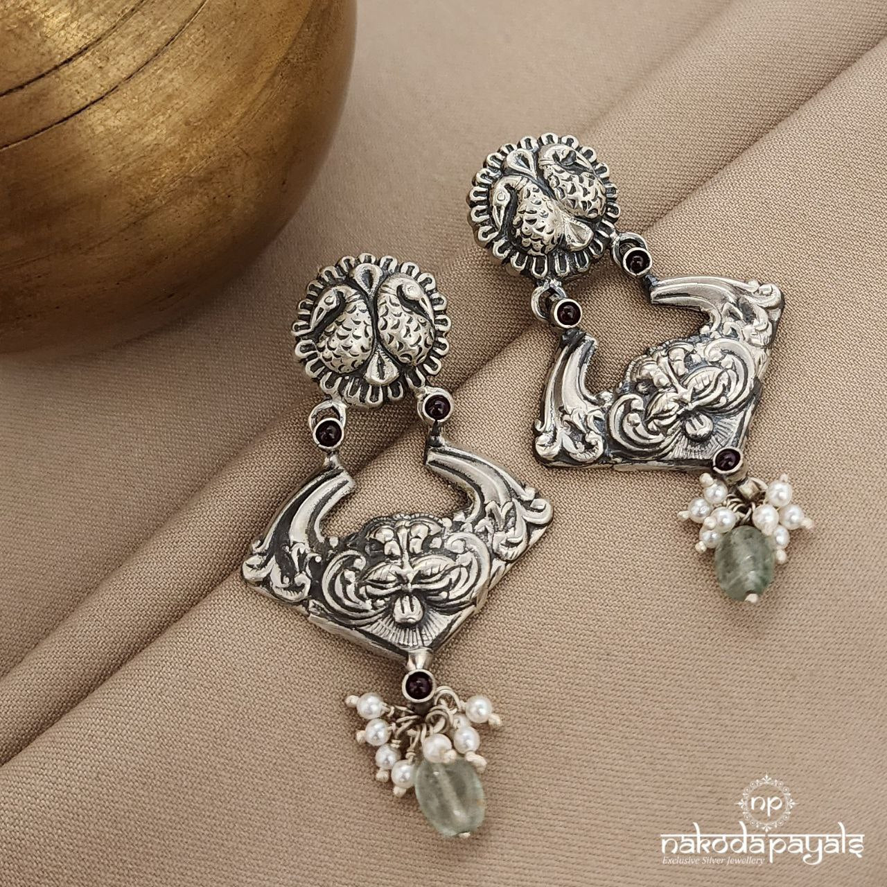 Twin Peacock Pearled Drop Earrings (C3551)