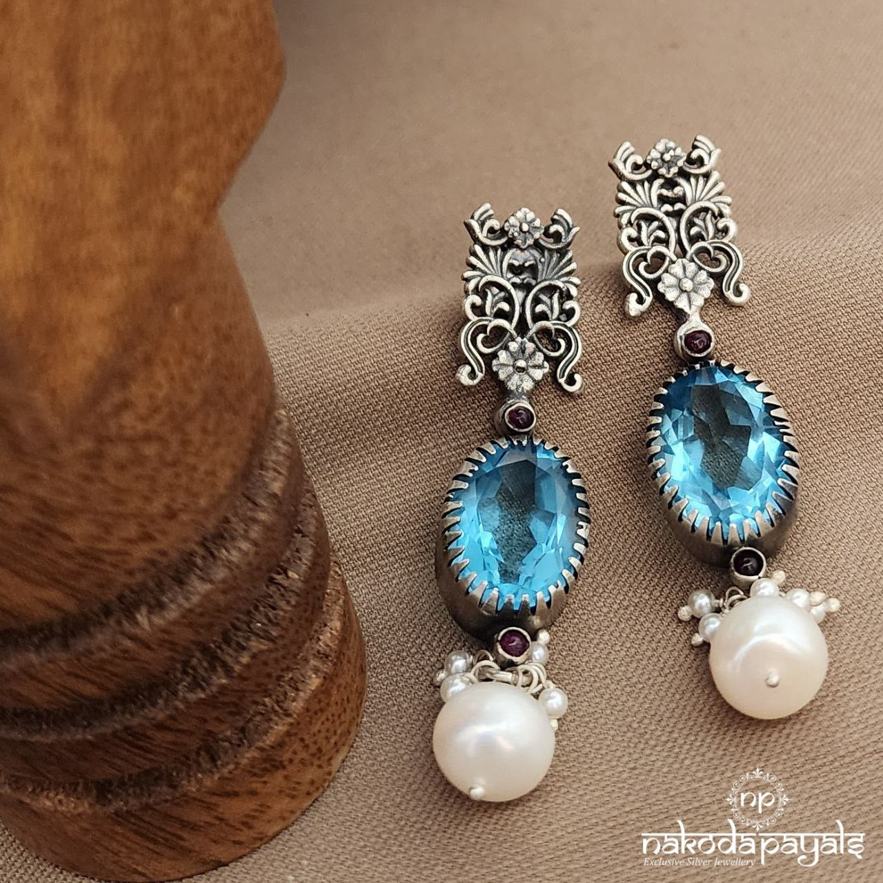 Oval Blue Pearled Drop Earrings (C3687)