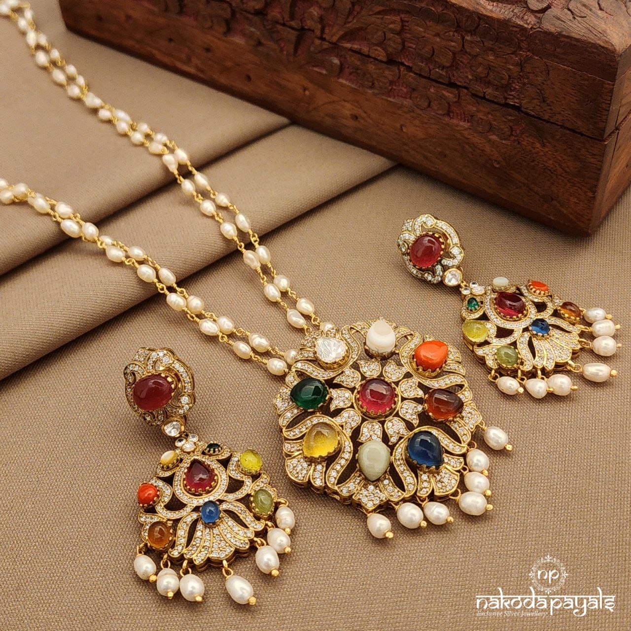 Pearled Navaratna Neckpiece With Earrings (Gn9943)