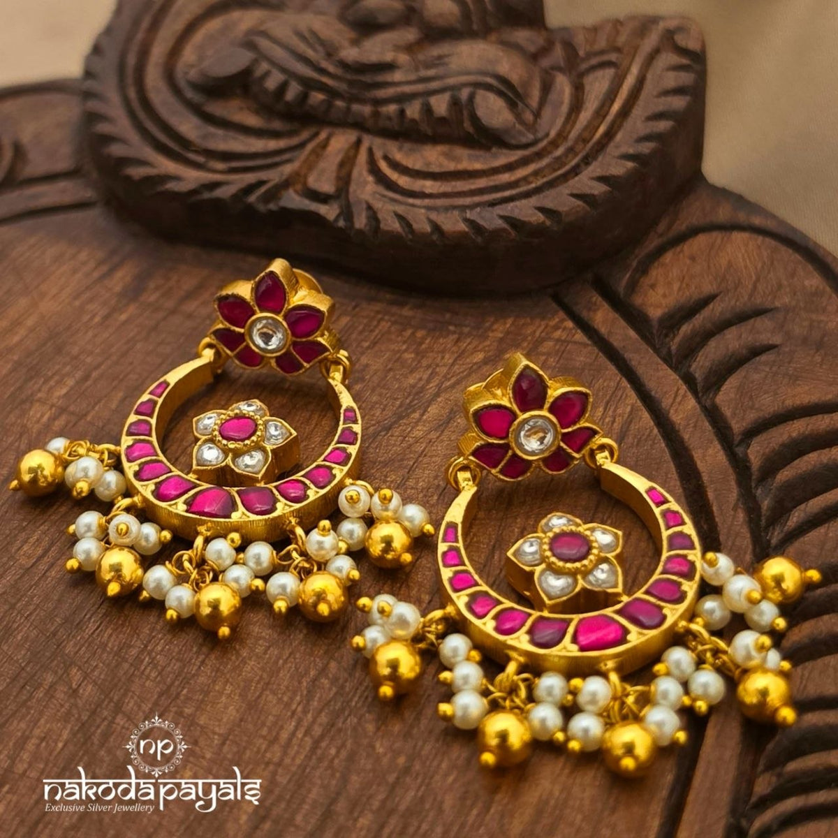 Pink Floral Kundan Chandbali (Ge11569)