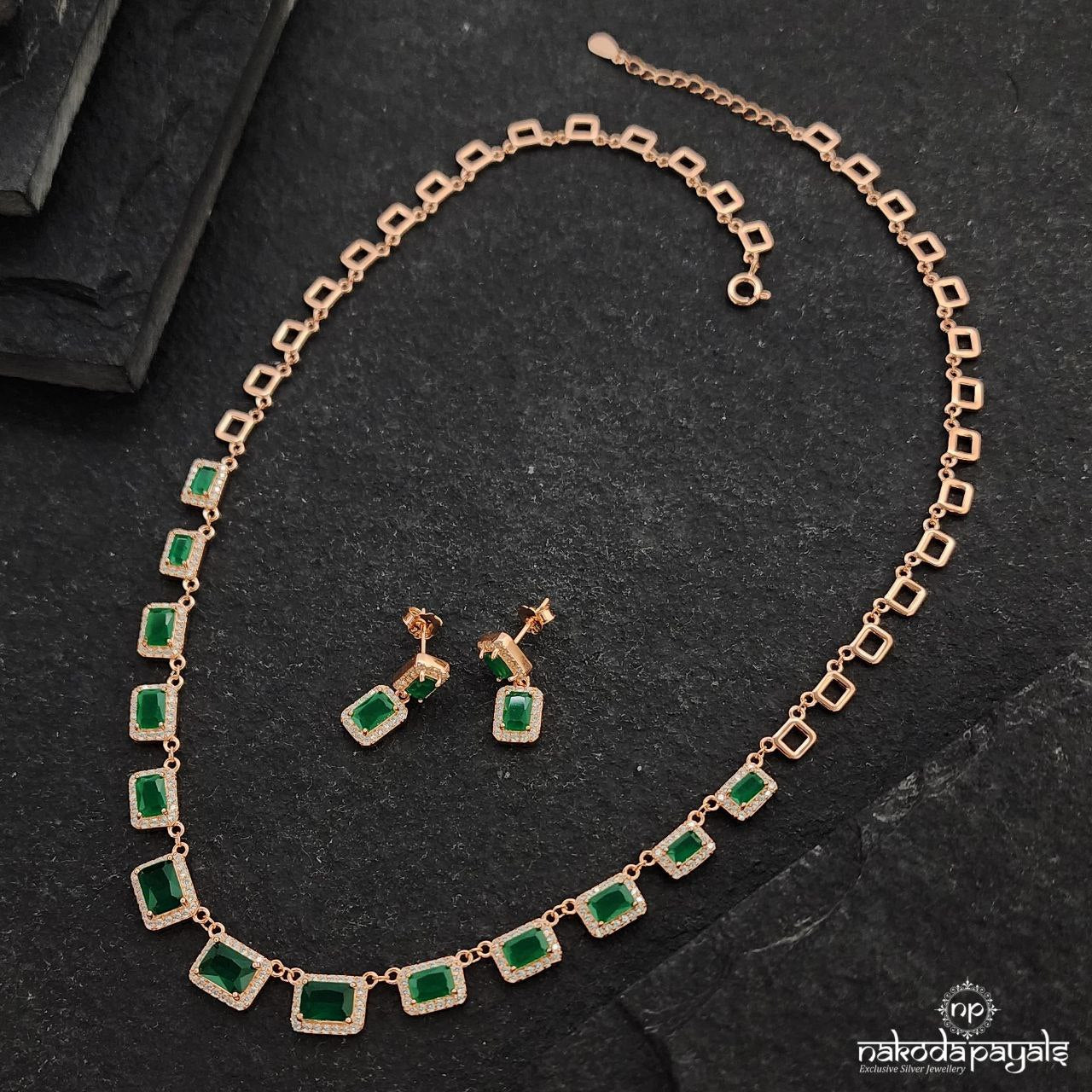 Emerald Green Rectangular Neckpiece With Earrings (St3350)