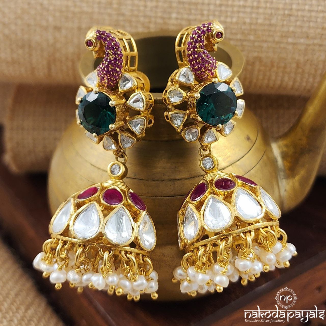 Pretty Pink Peacock Moissanite Jhumka (Ge8693)