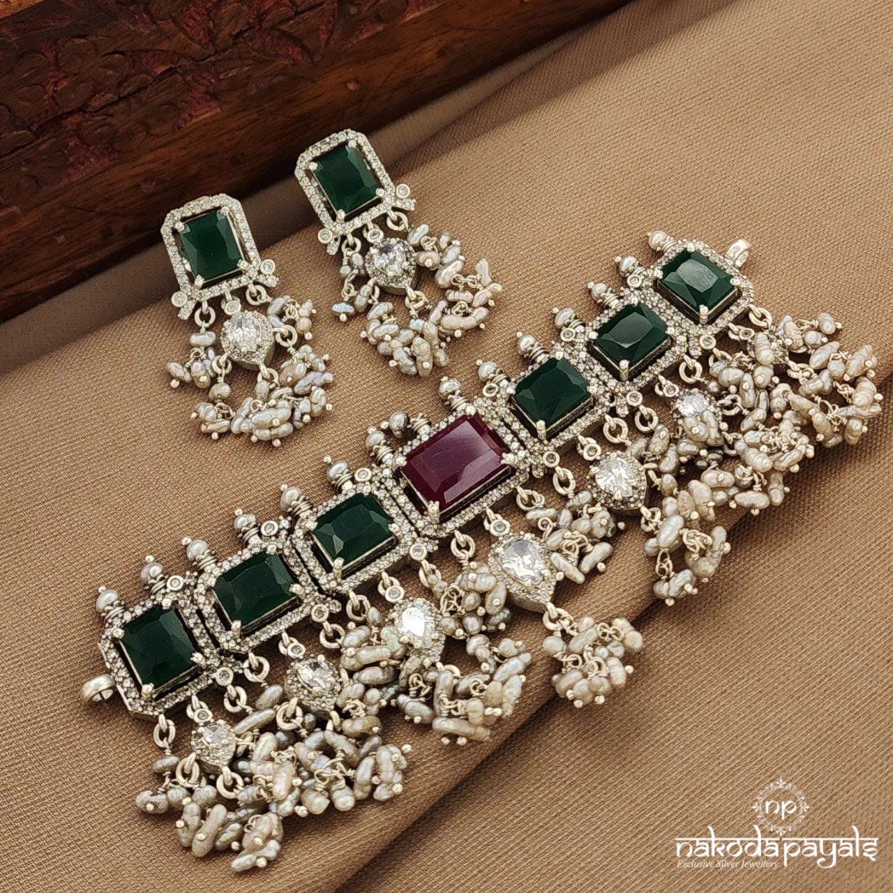 Rectangular Pink Choker With Earrings (N11436)