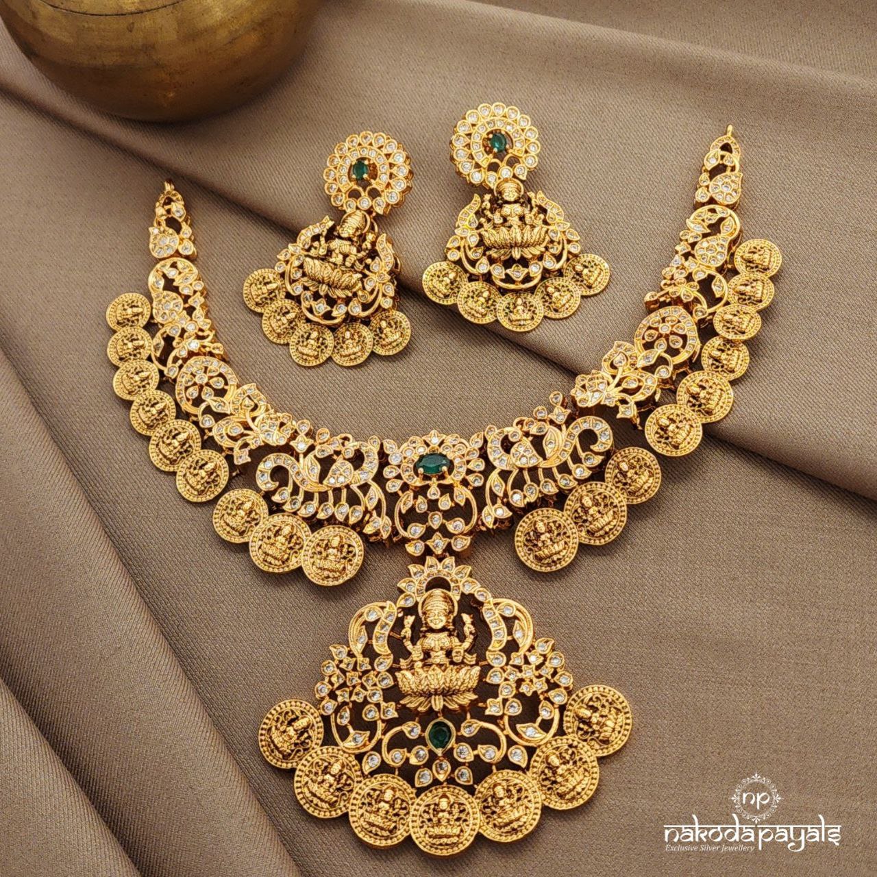 Green Lakshmi Kasu Neckpiece With Earrings (Gn9114)