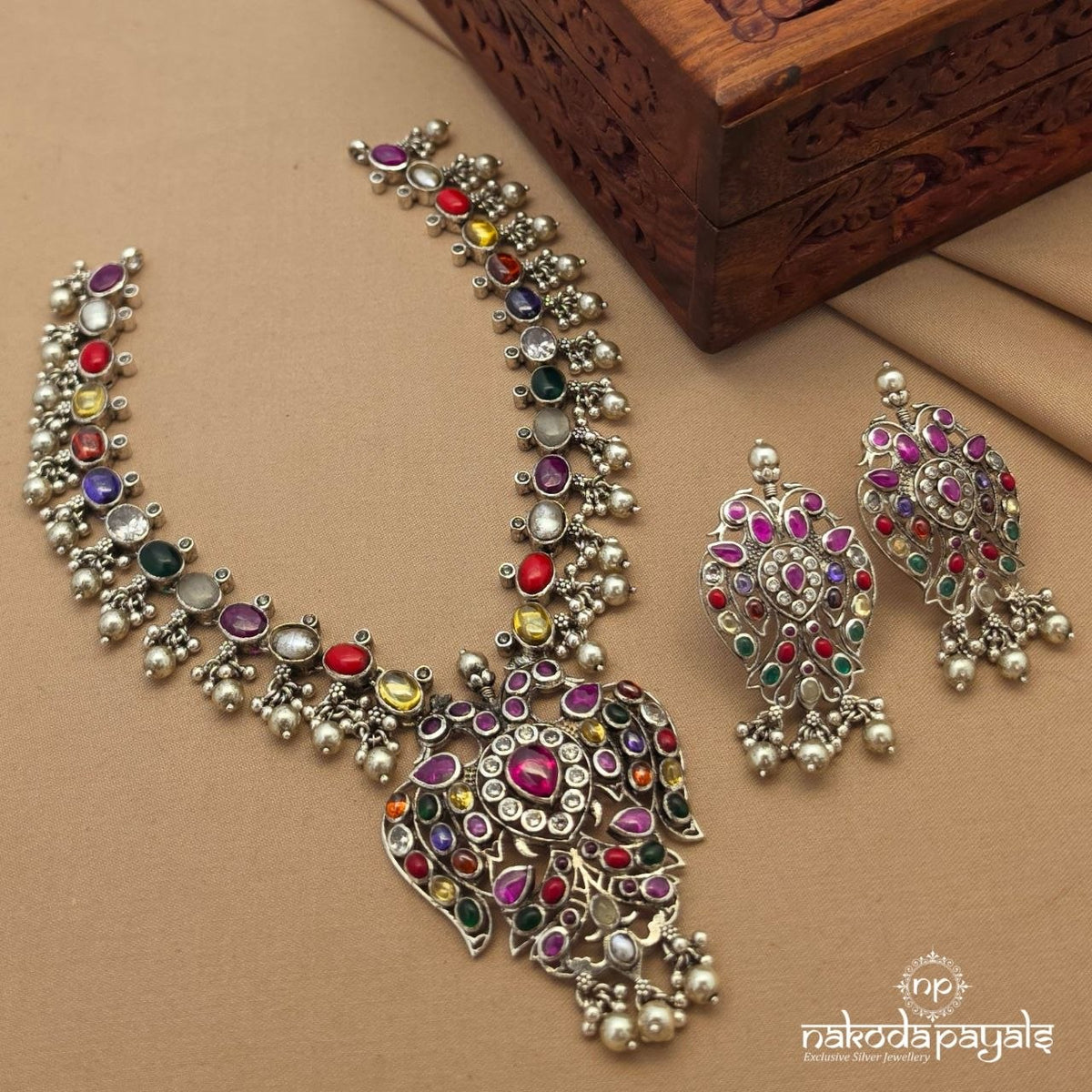 Navaratna Twin Peacock Neckpiece With Earring (N12141)