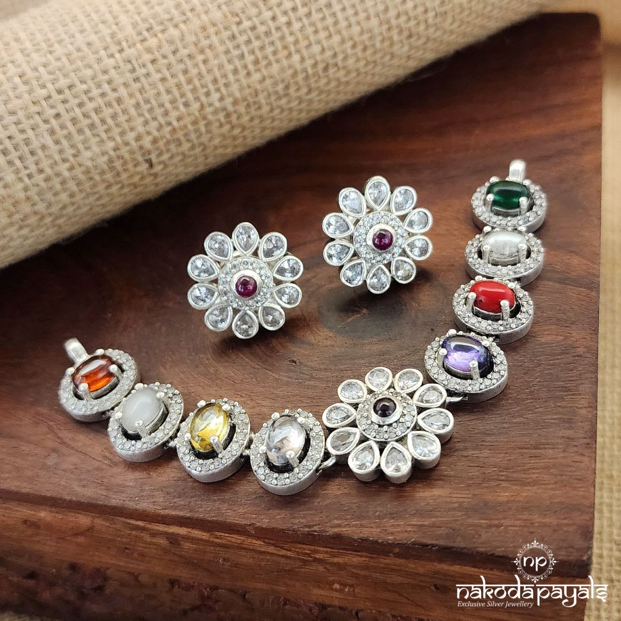 Glorious Navratna Neckpiece With Earrings (N10266)