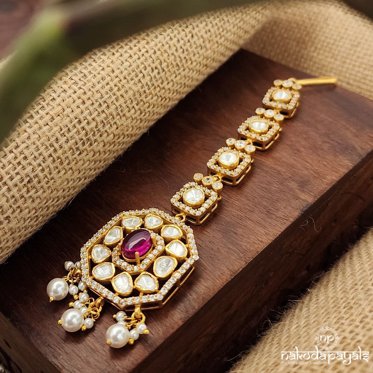 Ruby Pearled Drop Moissanite Maang Tika (Gm0900)