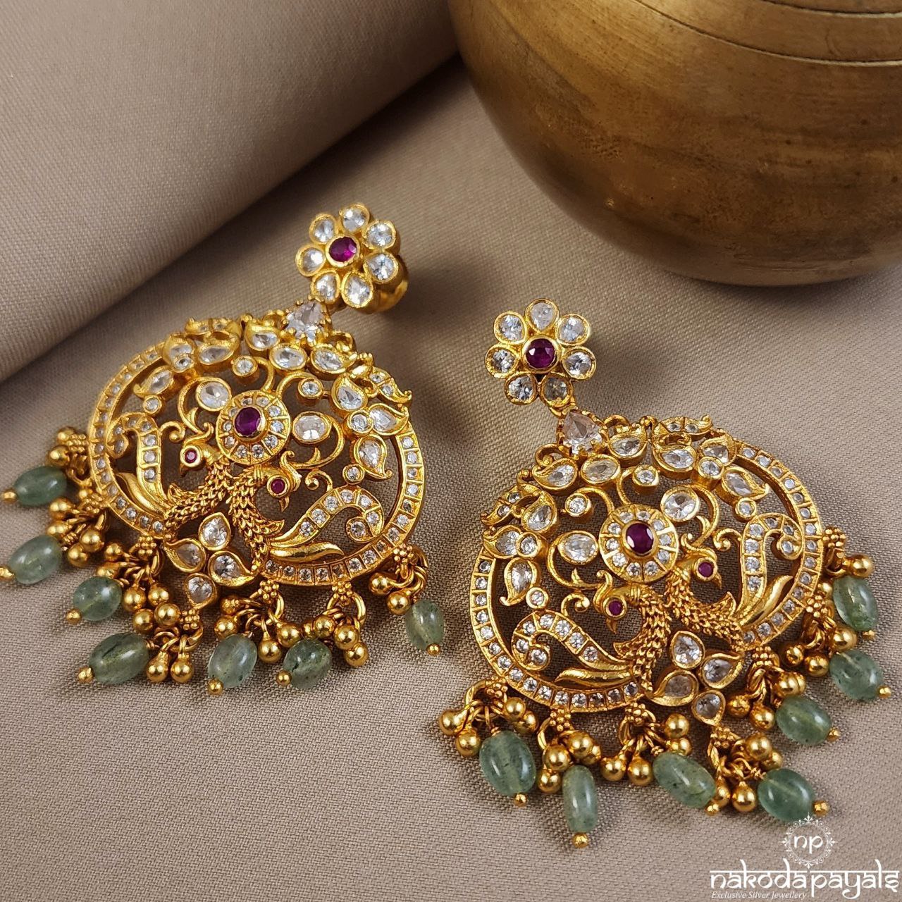 Twin Peacock Green Drop Chandbali (Ge8684)