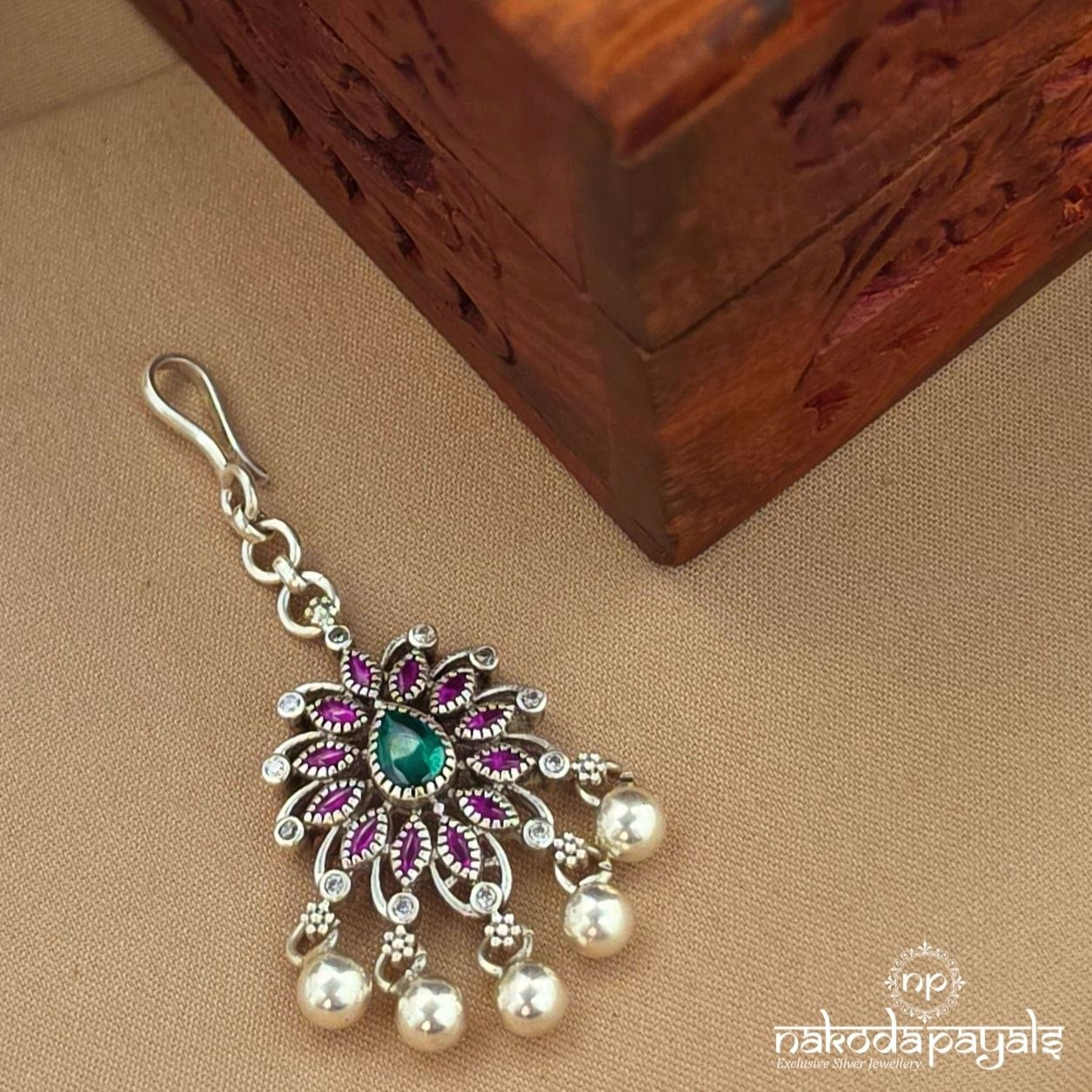 Greenish Floral Ball Drop Maang Tikka (M0484)