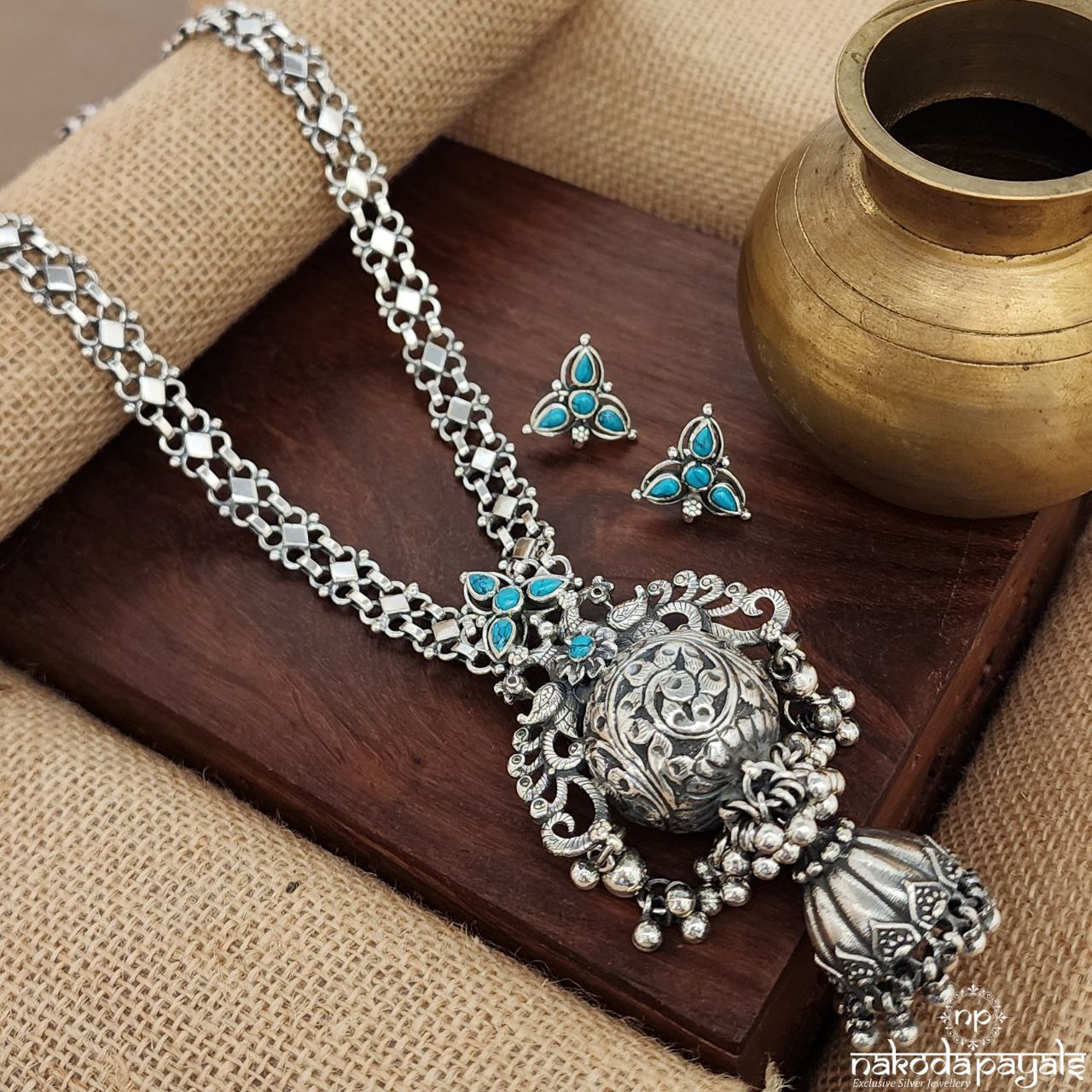 Turquoise Jhumka Drop Neckpiece With Earrings (N10976)