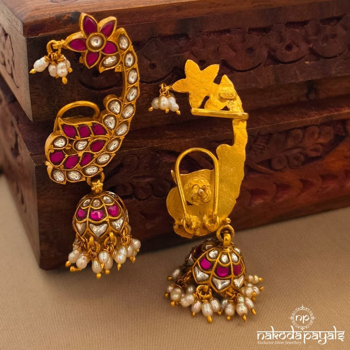 Pink Peacock Floral Earcuff Jhumka (Ge11495)