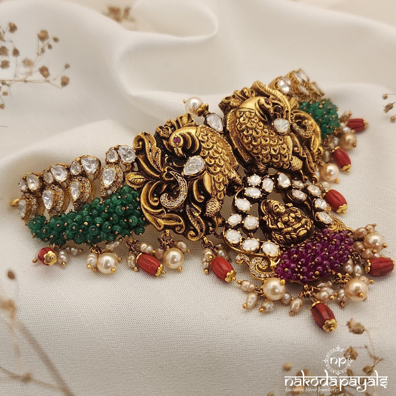 Twin Peacock Moissanite Coral Drop Choker (Gn8105)