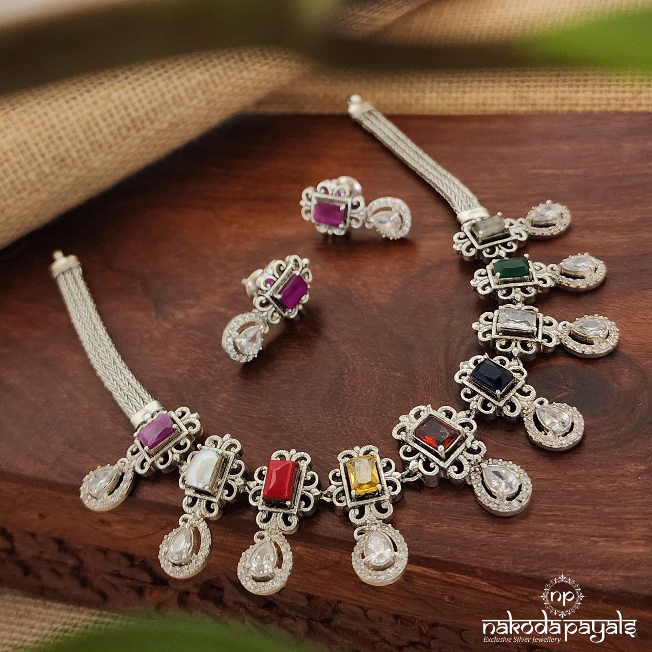 Elegant Navratna Neckpiece With Earrings (N10086)