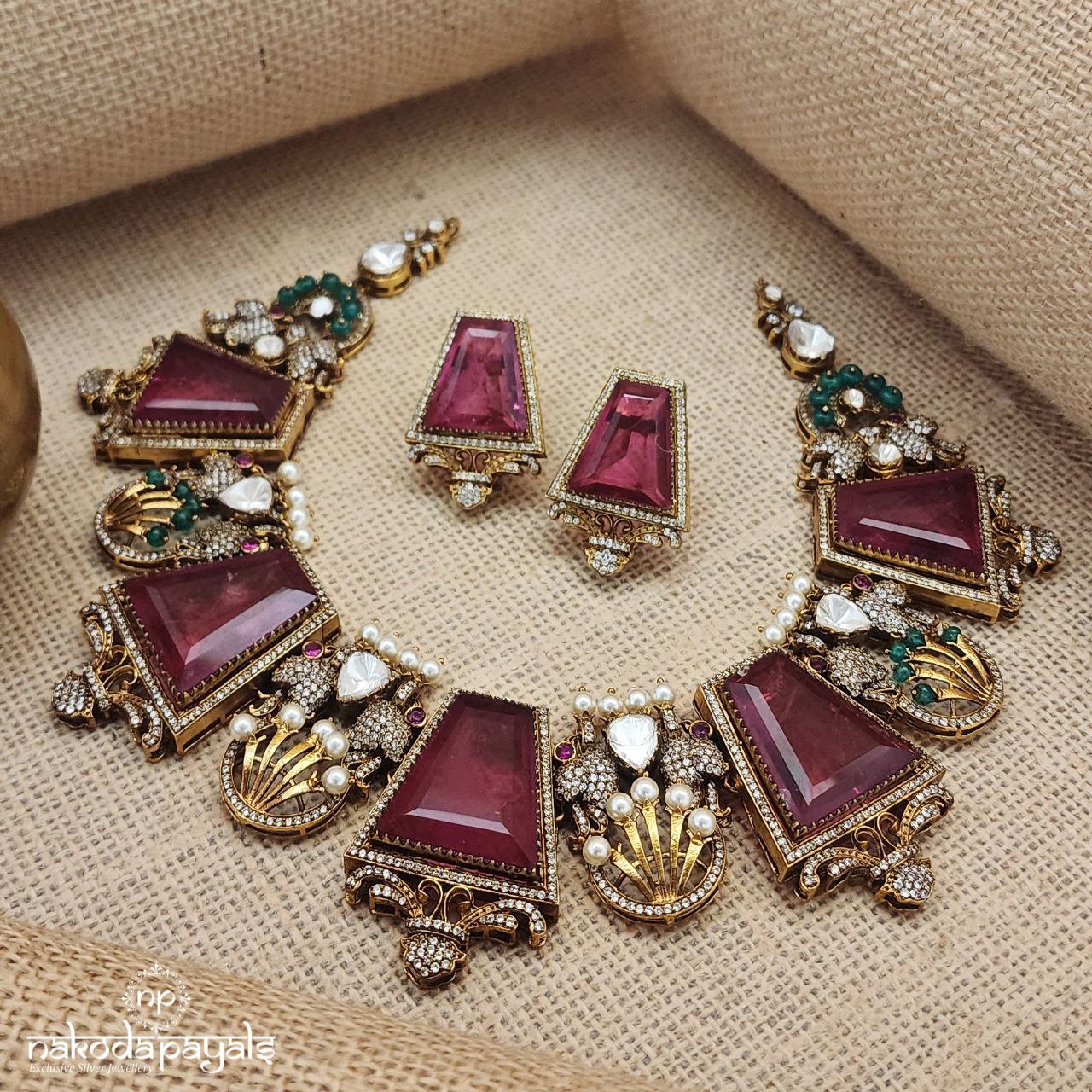 Ruby Twin Peacock Moissanite Neckpiece With Earrings (Gn8456)