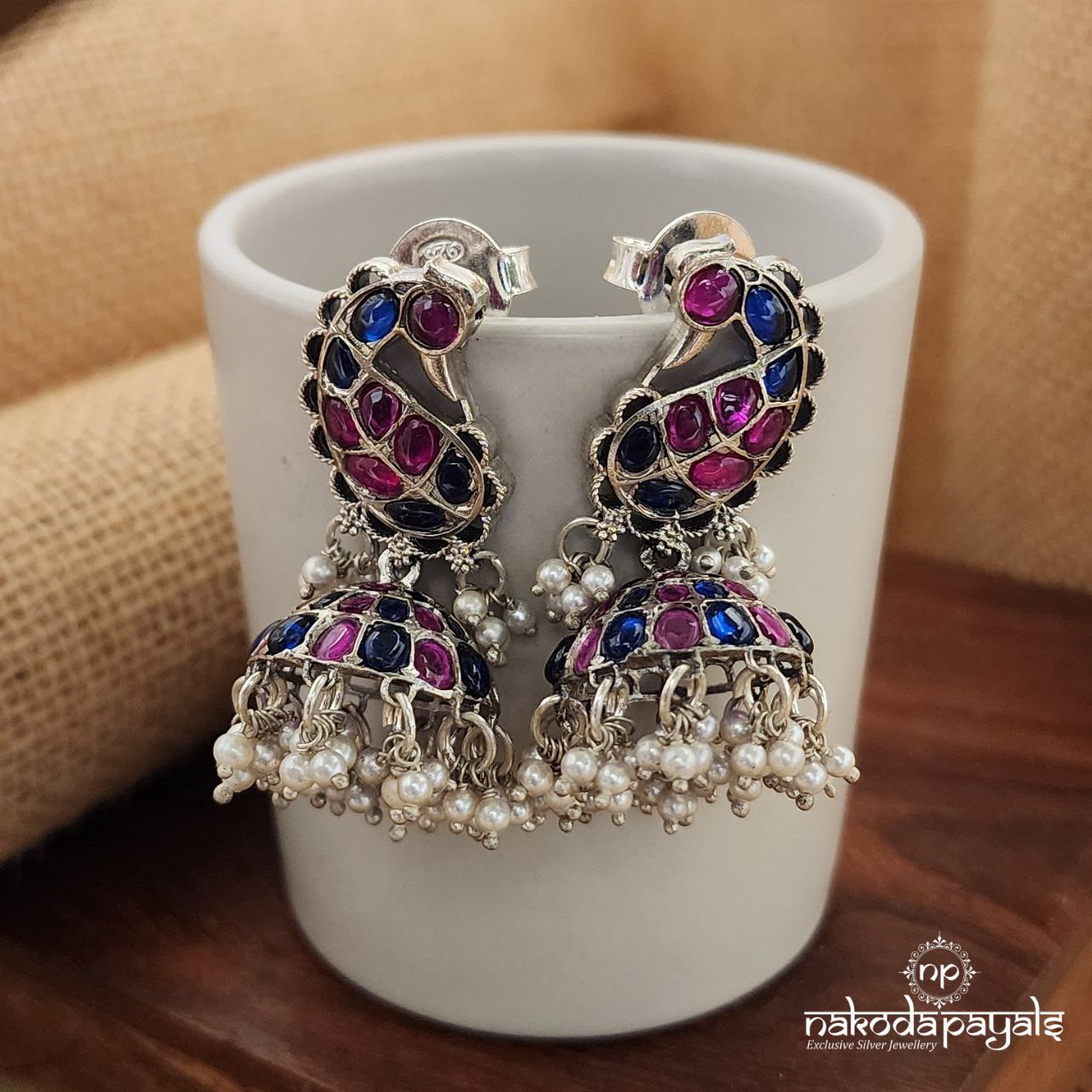 Blue & Pink Peacock Jhumka (C8188)