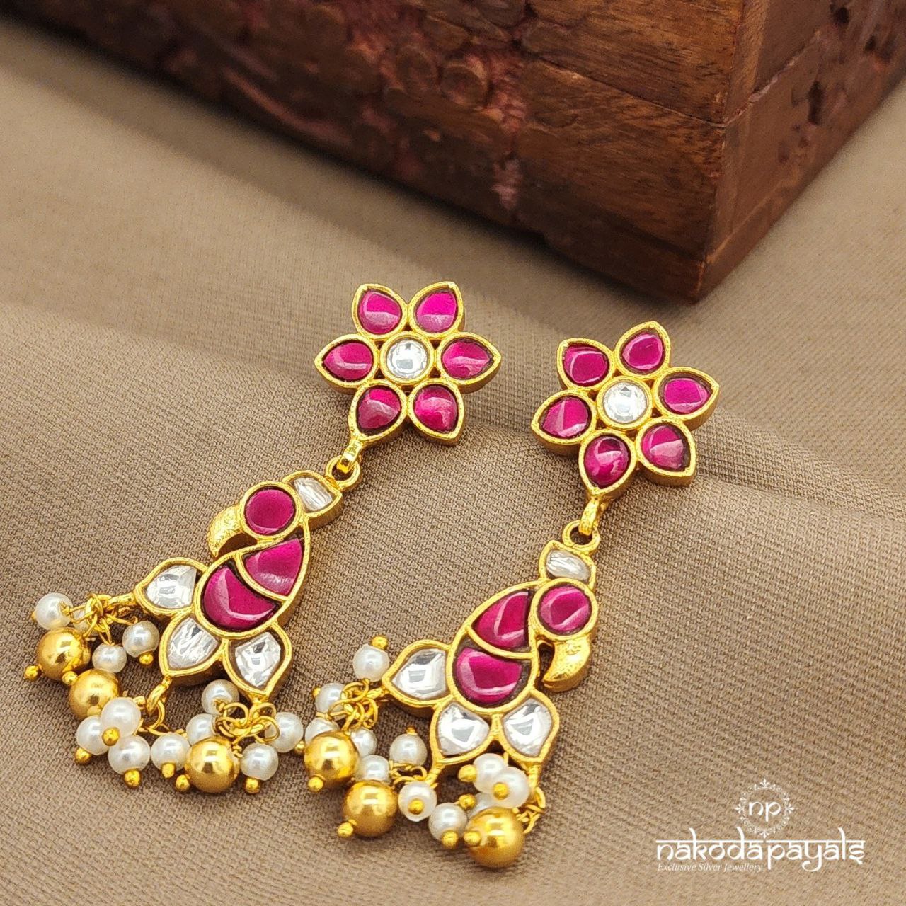 Peacock Pink Kundan Earrings (Ge10147)