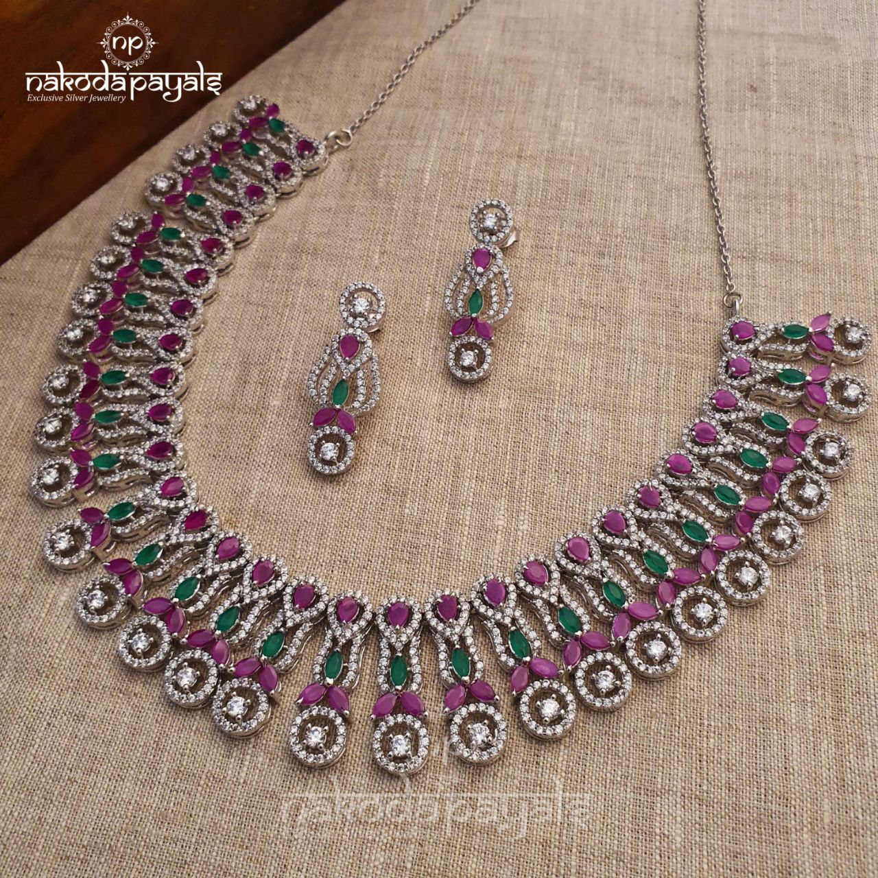 Striking Brigh Heavy CZ Neckpiece With Earrings