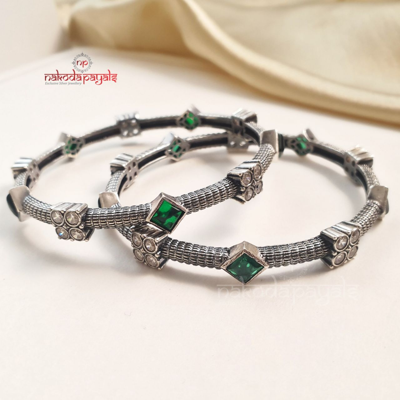 Thick Green Cubes Bangle Pair