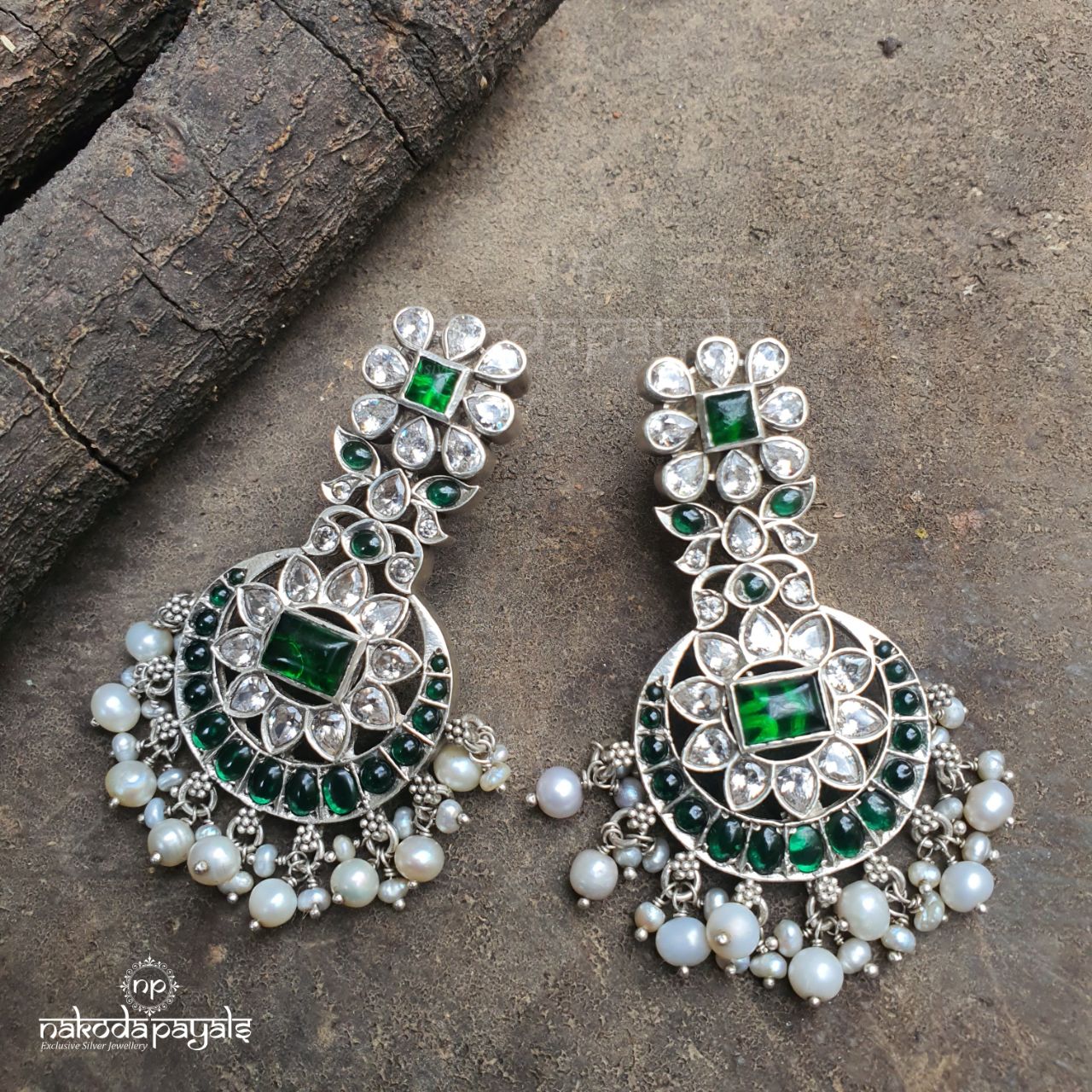 Glowing Green Cutstone Chandbali