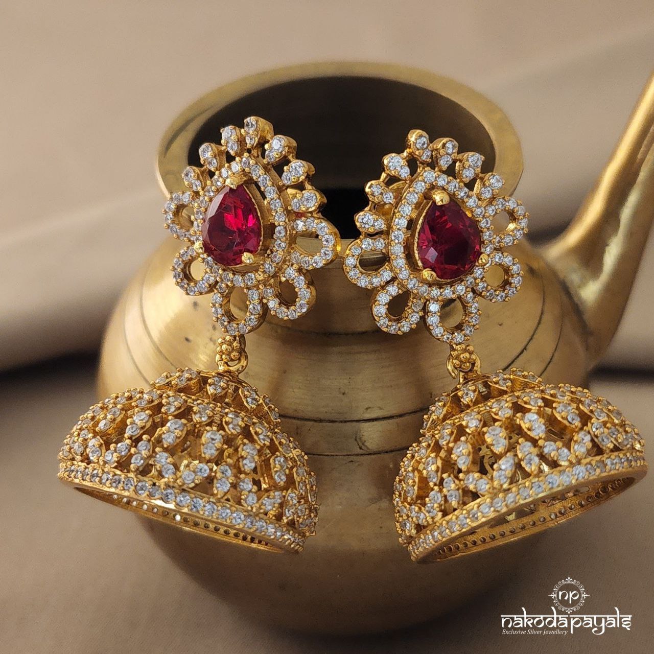 Red CZ Jhumka (Ge4870) - Main Image