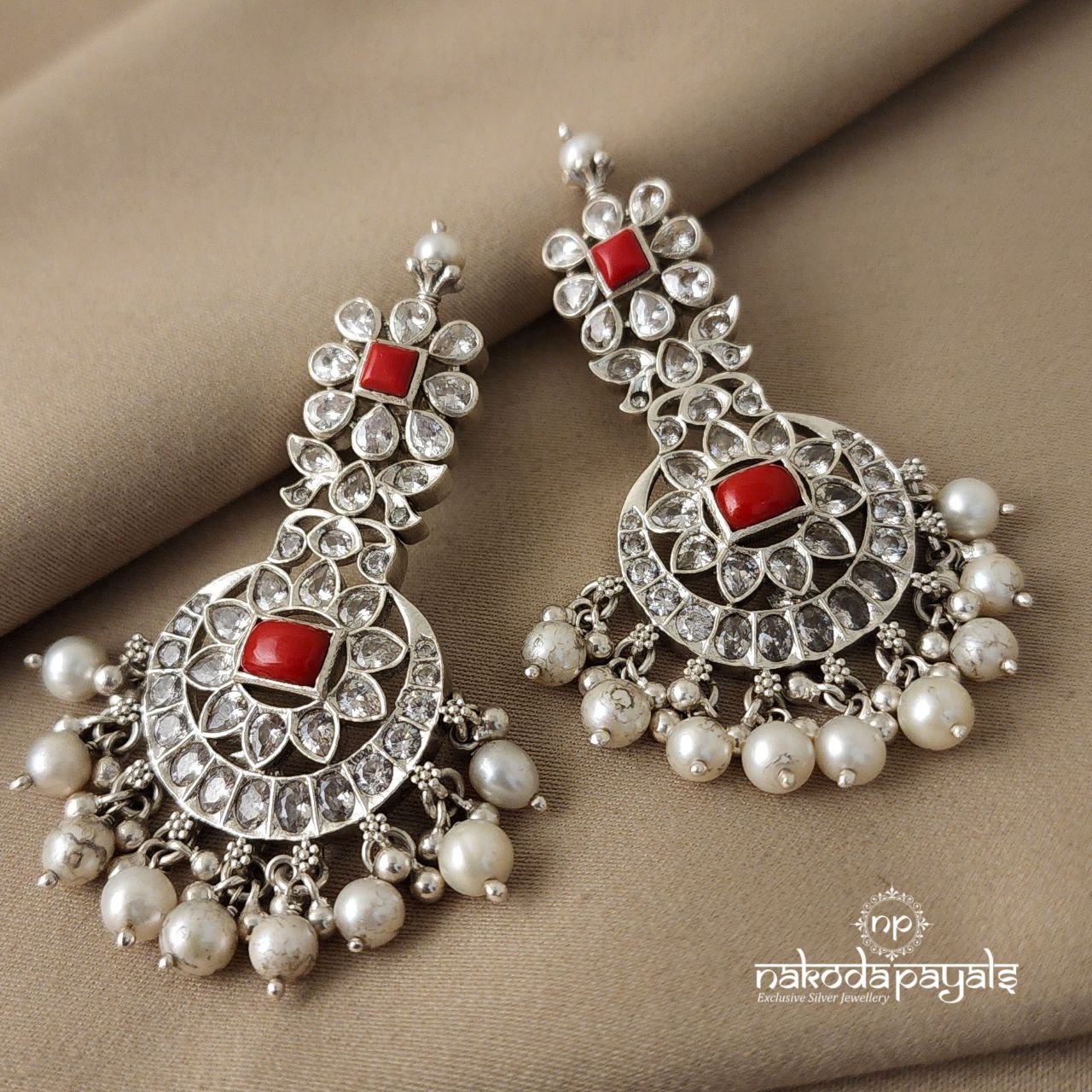 Floral Moon Coral Cutstone Chandbali (C6786)