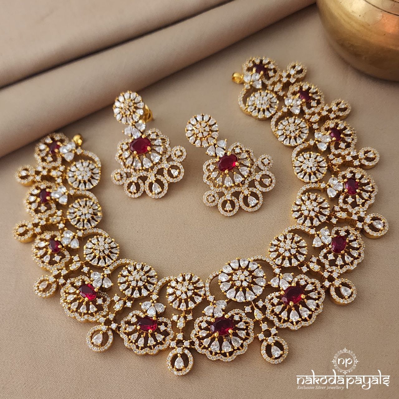 Ravishing Red CZ Neckpiece With Earrings (GN5455)