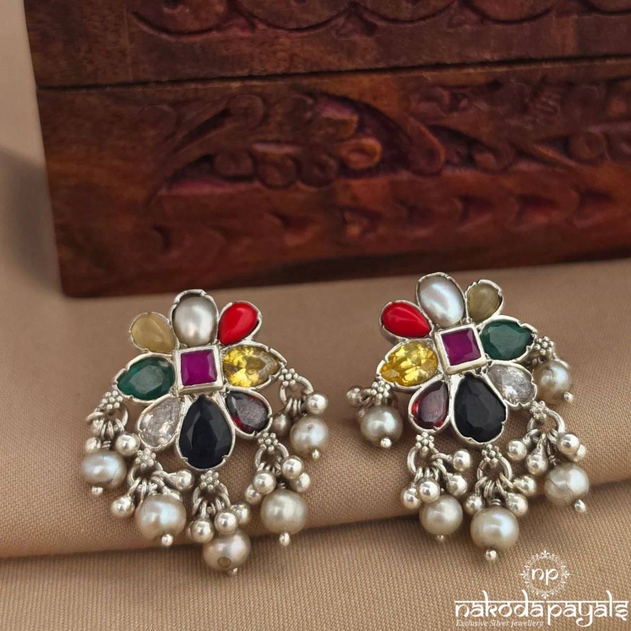 Squarish Navaratna Pearl Earring (S4227)