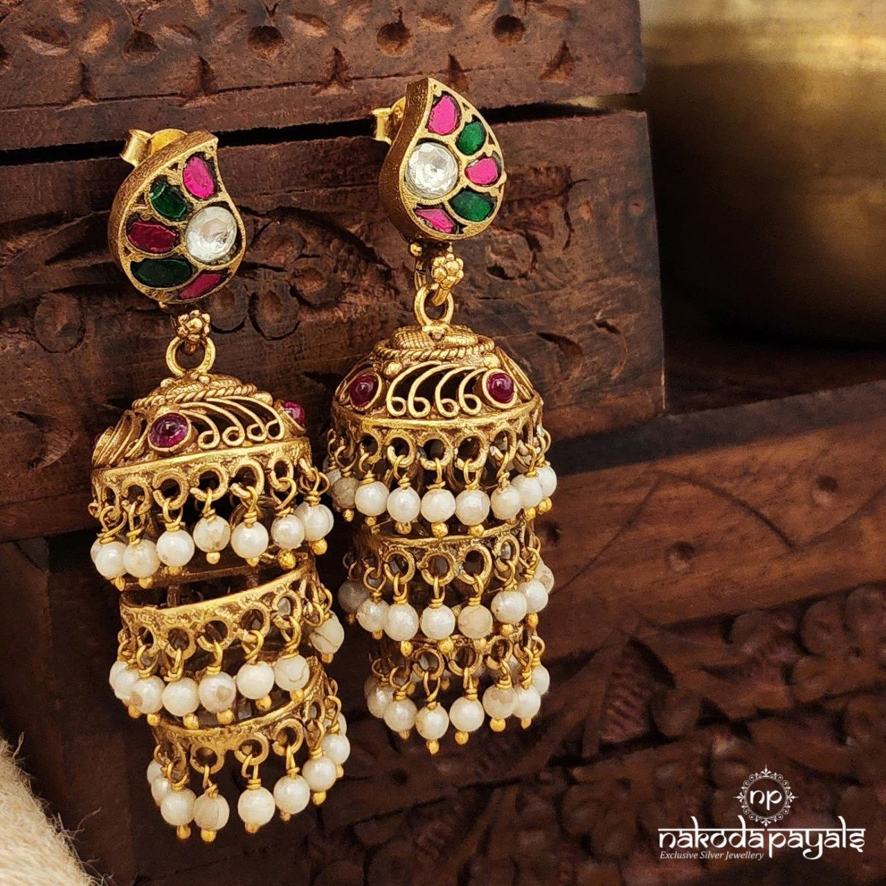 Multicoloured Triple Layer Kundan Jhumka (Ge9669)