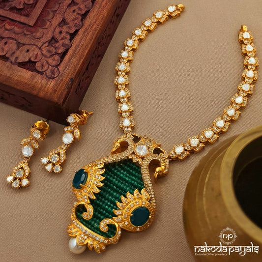 Graceful Twin Peacock Moissanite Neckpiece With Earrings (Gn10423)