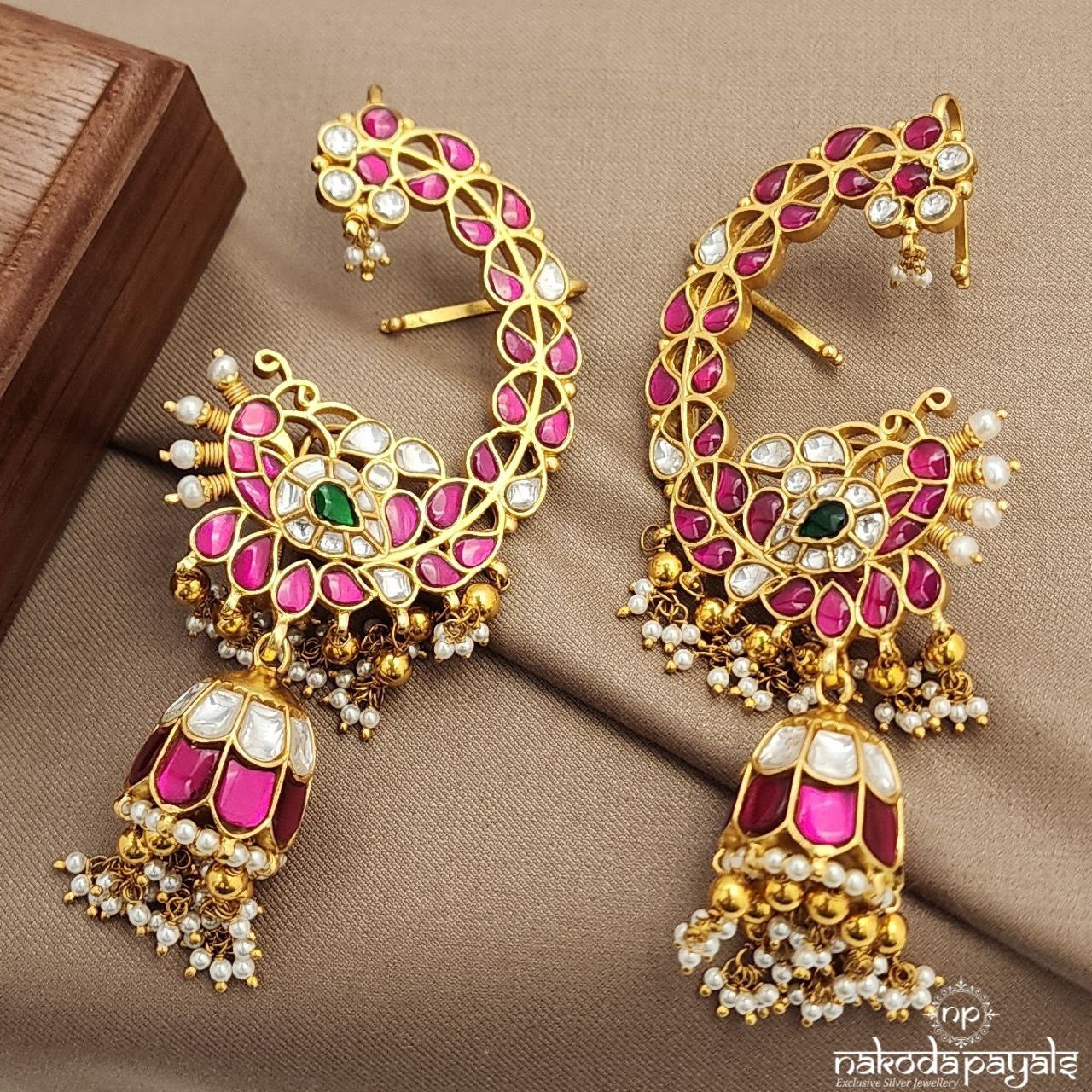 Gulaab Peacock Pearl Drops Ear Cuff Kundan Jhumka (Ge9692)