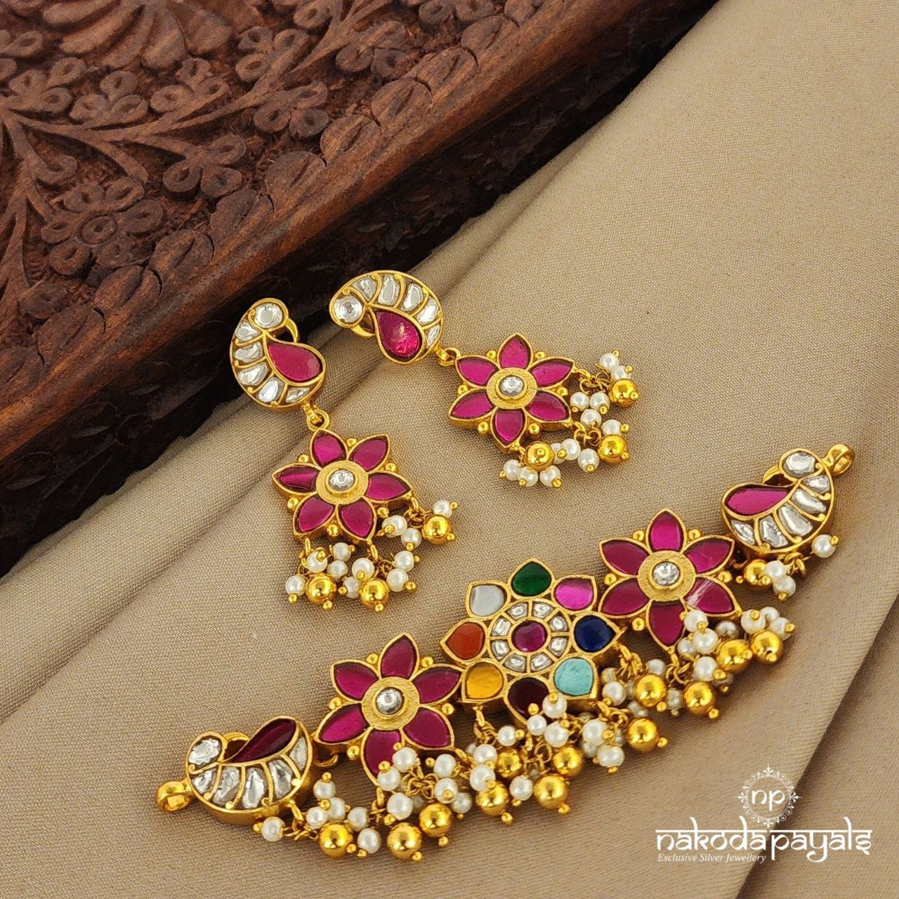 Colorful Floral Kundan Choker With Earrings (Gn7175)