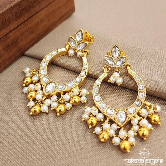 White Leafy Pearl Drops Kundan Chandbali (Ge9697)