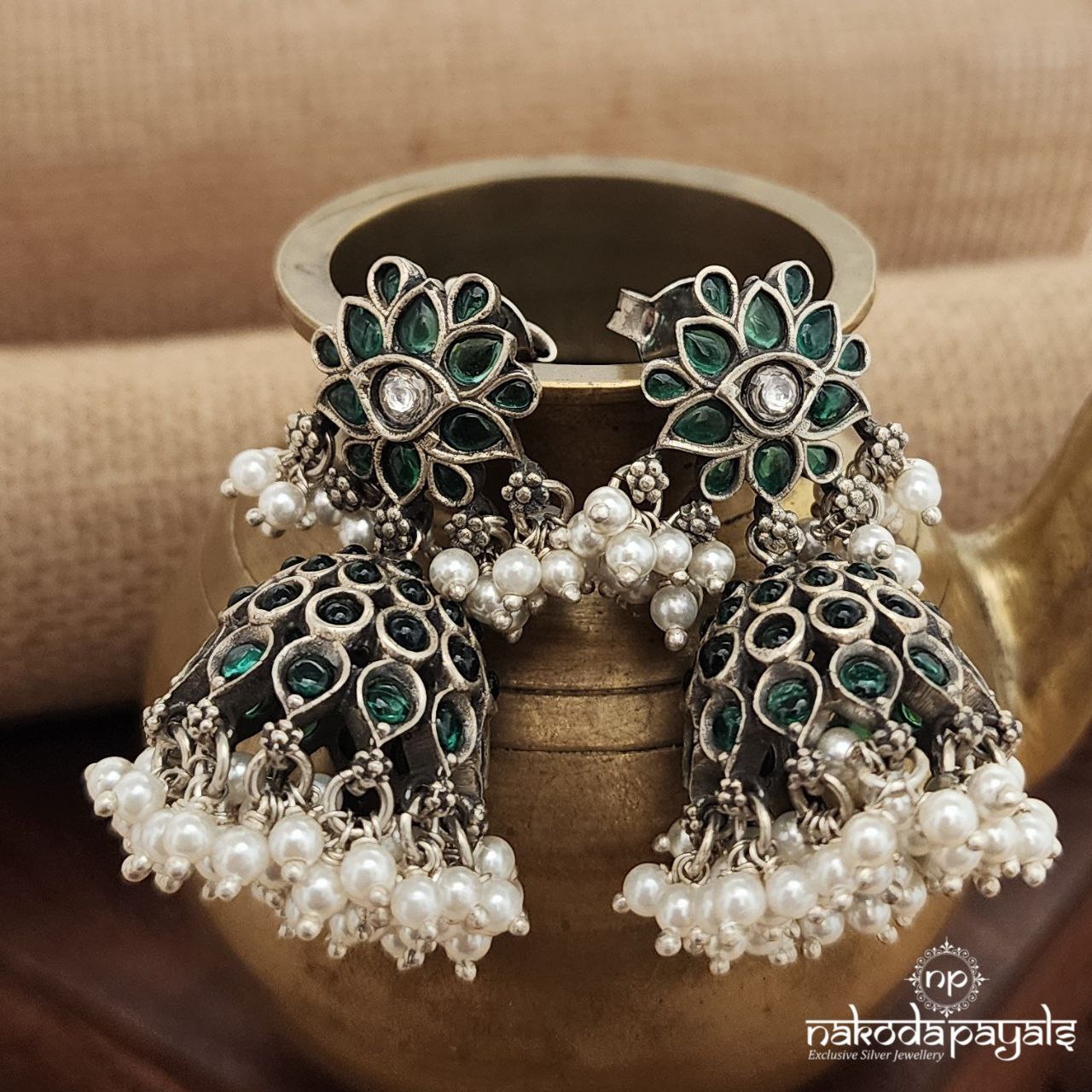 Green Pearled Drop Jhumka (J1287)