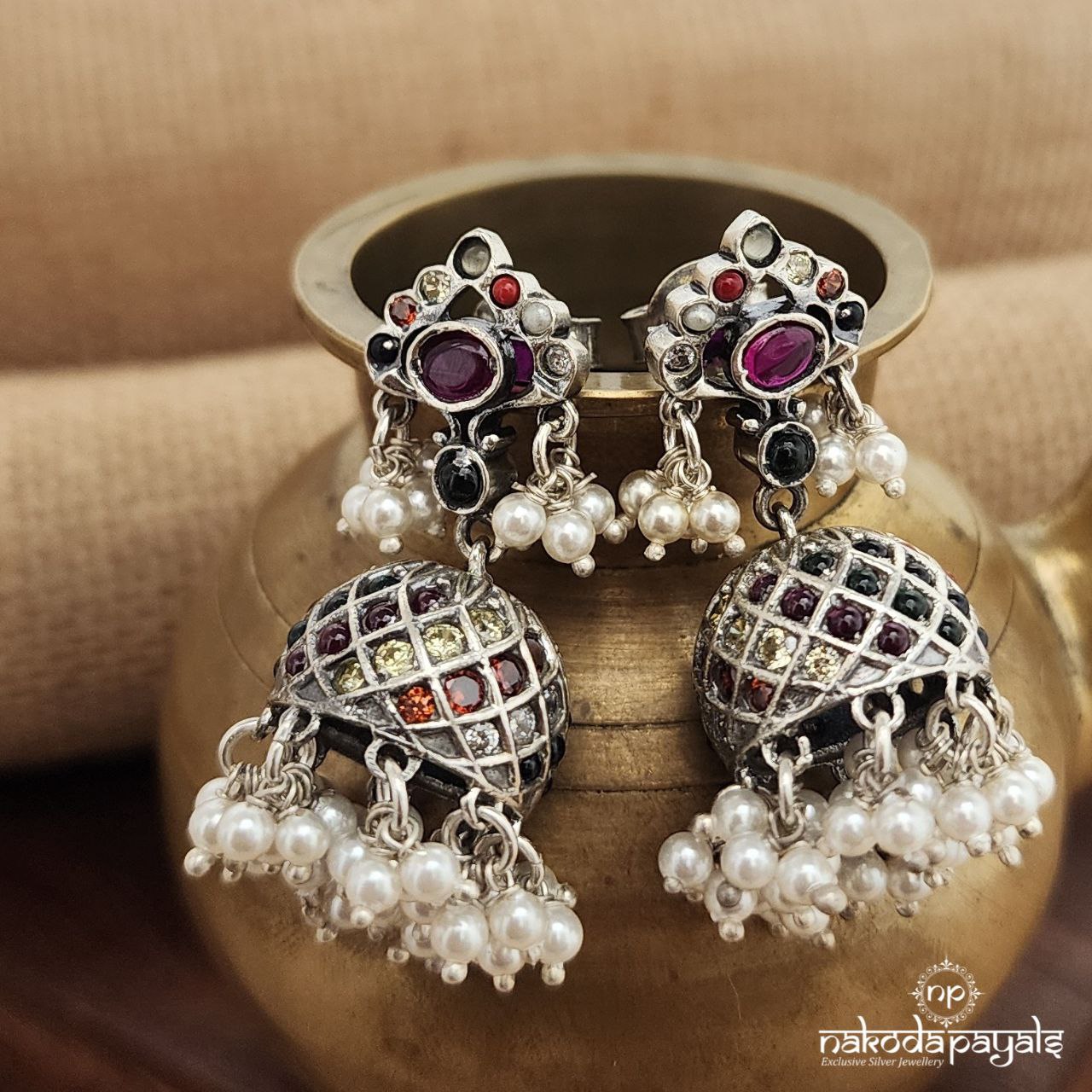 Pink Oval Navaratna Jhumka (J1311)