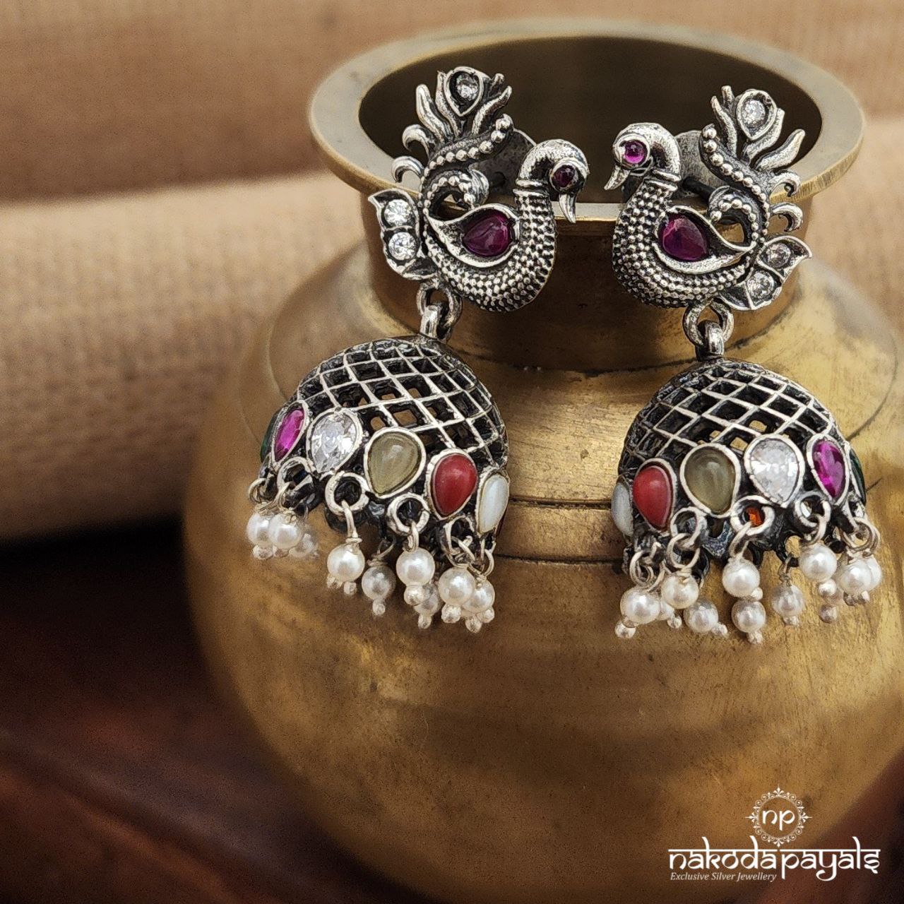 Peacock Navaratna Pearled Drop Jhumka (J1303)