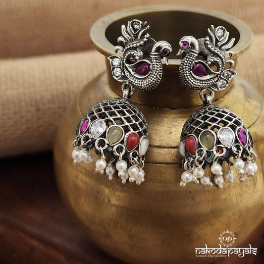 Peacock Navaratna Pearled Drop Jhumka (J1303)