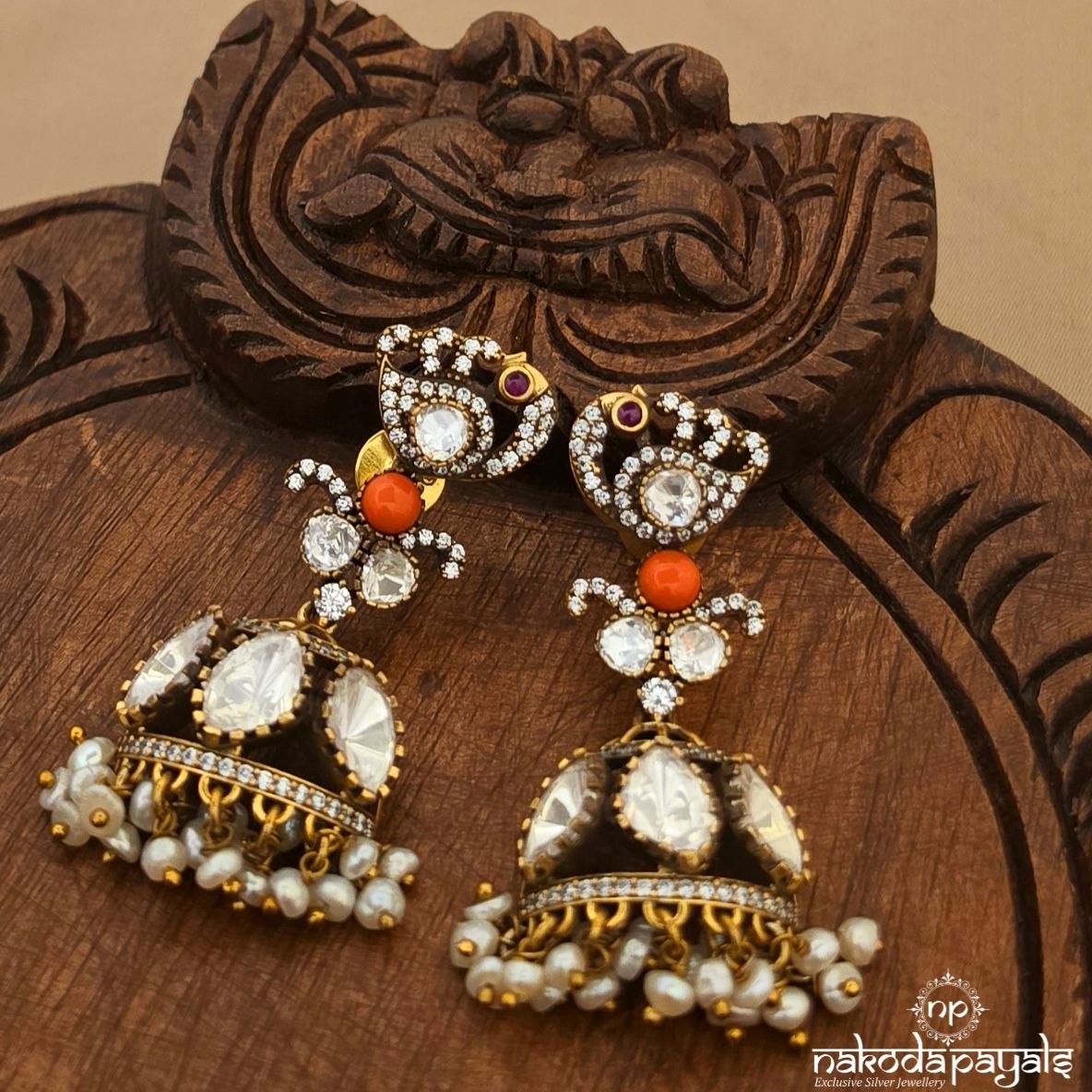 Coral Peacock Pearl Jhumka (Ge11638)