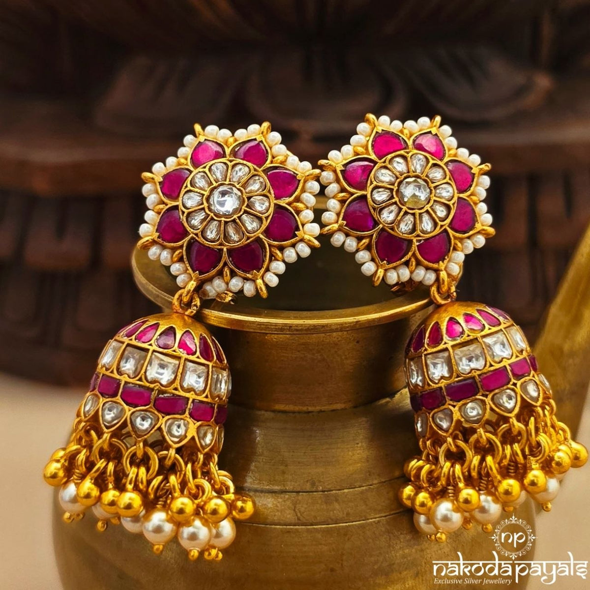 Elegant Pink Flower Kundan Jhumka (Ge11617)