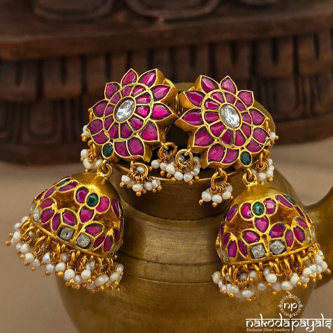 Pink Leafy Kundan Jhumka (Ge11618)