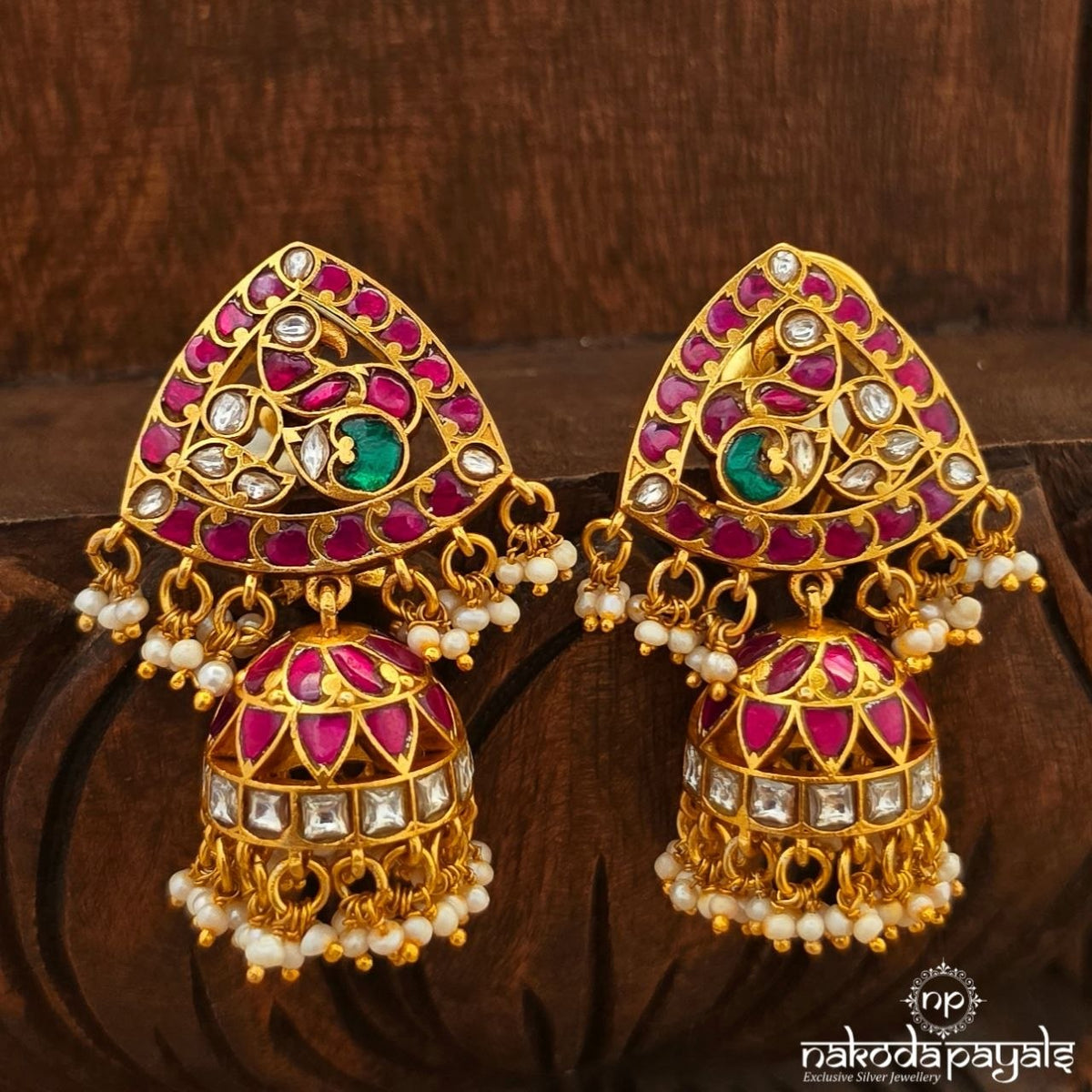 Pink Pearly Peacock Kundan Jhumka (Ge11620)