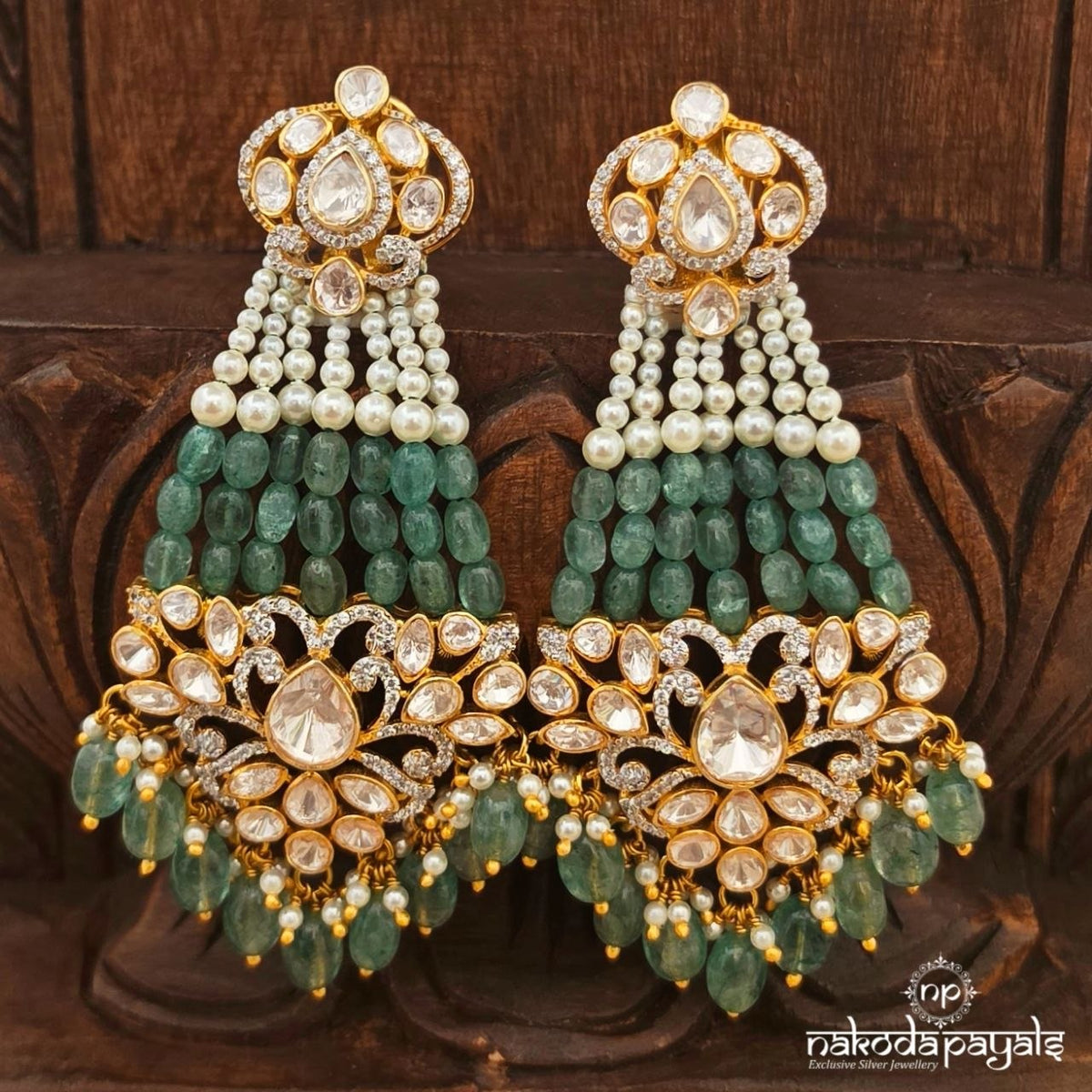 Green Drop Pearled Chandbali (Ge11633)
