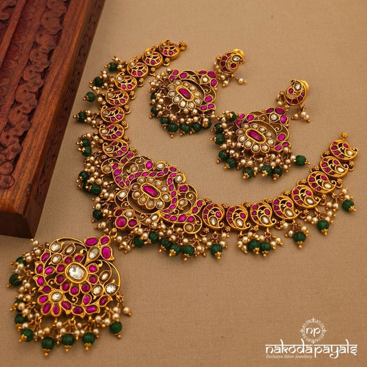 Graceful Green Drops Kundan Neckpiece With Earrings (Gn10403)